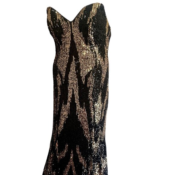 JOVANI Strapless Mermaid Black Gold Sequin Evening Gown Maxi Dress Size S (2-4) - Picture 5 of 15